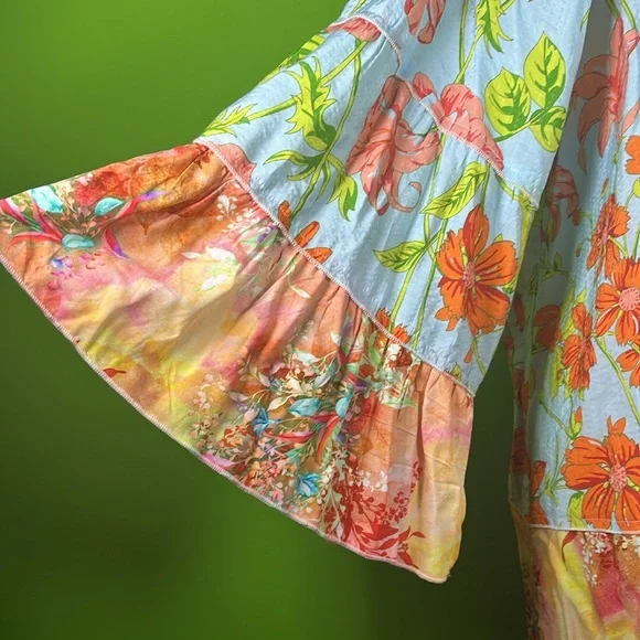Calessa Top Blouse Floral Print Colorful Ruffle Sleeve Light Blue Orange 1X - Picture 3 of 5